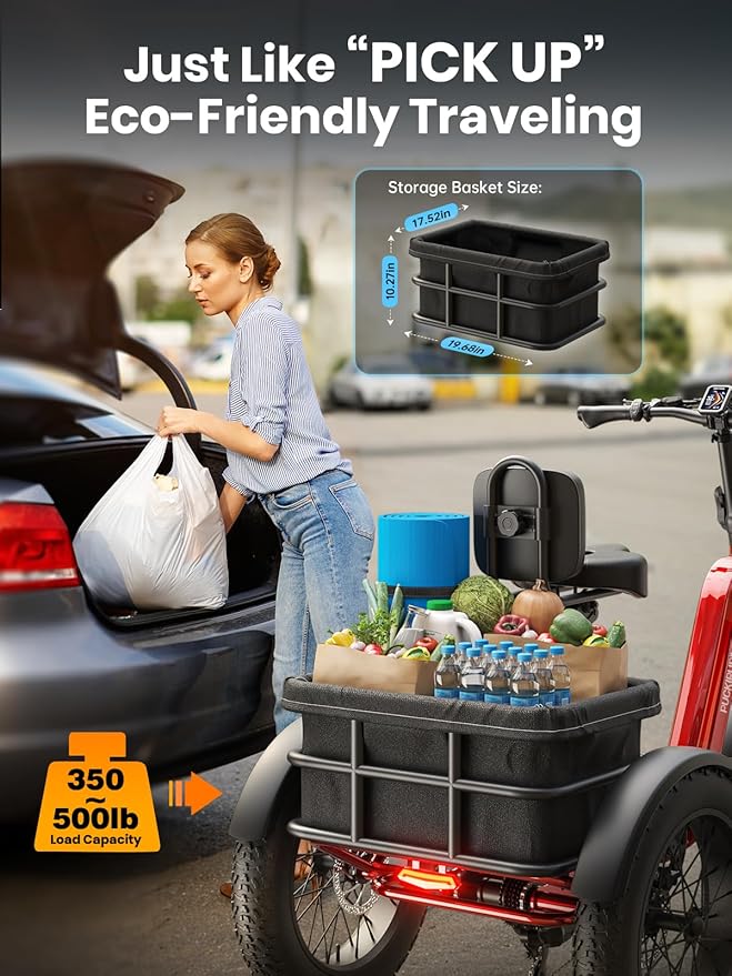 Electric Trike for Adult with 48V 17.4AH Cells Battery, 60 Miles Range, 960W Peak Motor, Pickup Class 500 LB Load Electric Tricycle with 20" Fat Tire and Large Basket for City and Mountain Road, Husky