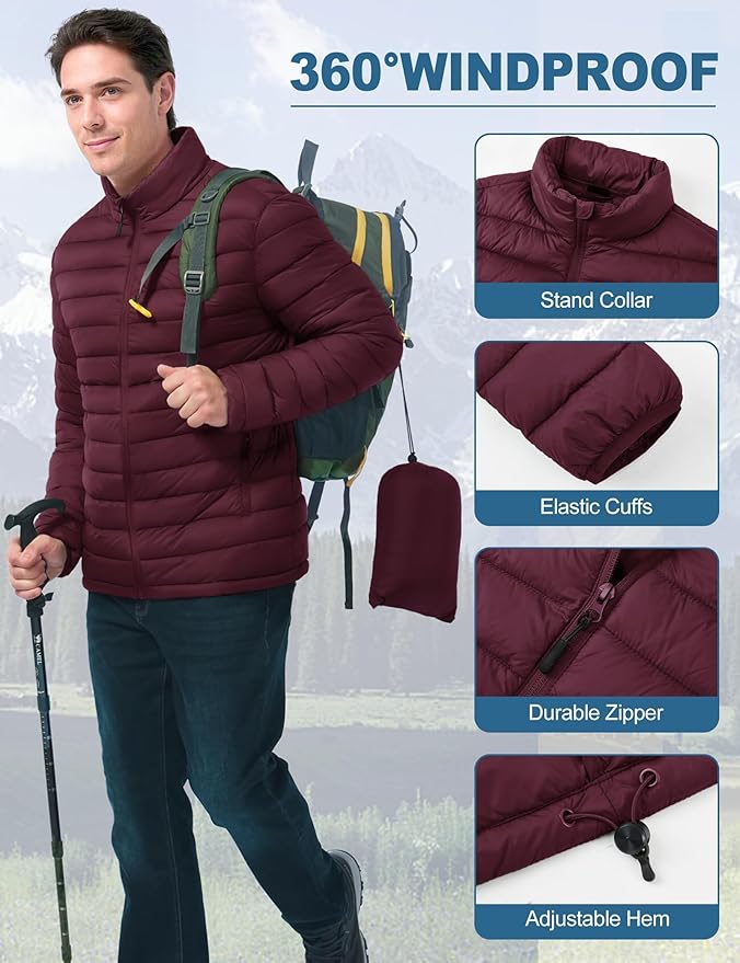 Men's Lightweight Packable Puffer Jacket Insulated Warm Winter Jackets Puffy Coat for Ski Hiking Travel