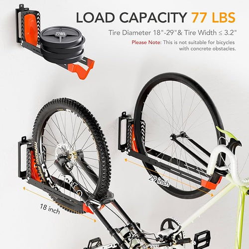 2-Pack Swivel Bike Rack Wall Mount, Bike Hangers for Garage, Space-Saving Vertical Bike Holder, Holds up to 77 lbs, Bicycle Wall Hanger Storage, No Heavy Lifting Required Indoor Hanging Bike Rack