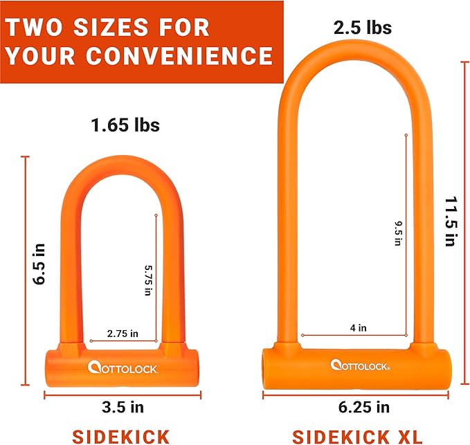 OTTOLOCK Sidekick XL Full-Size U-Lock - Heavy Duty Anti Theft Bicycle U-Lock with Keys, Silicone-Coated, Bike Accessories, Orange
