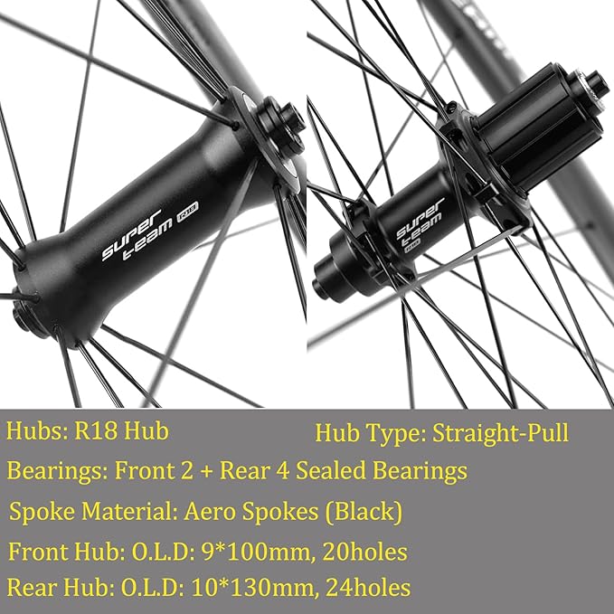 Superteam Carbon Wheelset 700c Rim V Brake 50mm Depth 25mm Width Road Bike Wheels Matte Finish, Tubeless Ready Support for 8-12 Speed Clincher & Tubeless