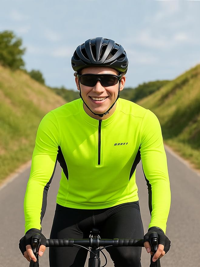 qualidyne Men’s Cycling Jersey Long Sleeve, Quick Dry Moisture-Wicking, UPF 50+, Half Zip Bike Shirt with 3+1 Pockets