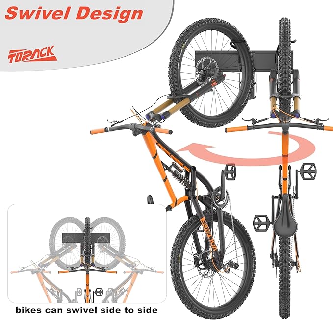 TORACK Wall-Mounted Swivel Bike Rack, Garage Vertical Bike Hangers for 3 Bikes and 3 Helmets Rotating Bike Storage Hooks Holds Up to 300 lbs