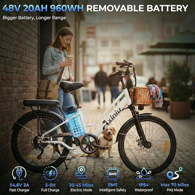 24 Inch Electric Bike for Adults, Step Through Ebike for Women, Peak 1000W Motor 22MPH, 48V 20AH Removable Battery Up to 70 Miles, 7 Speed Dual Shock Absorber, City Cruiser Commuter Bicycle