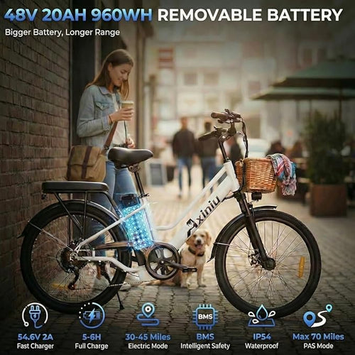24 Inch Electric Bike for Adults, Step Through Ebike for Women, Peak 1000W Motor 22MPH, 48V 20AH Removable Battery Up to 70 Miles, 7 Speed Dual Shock Absorber, City Cruiser Commuter Bicycle