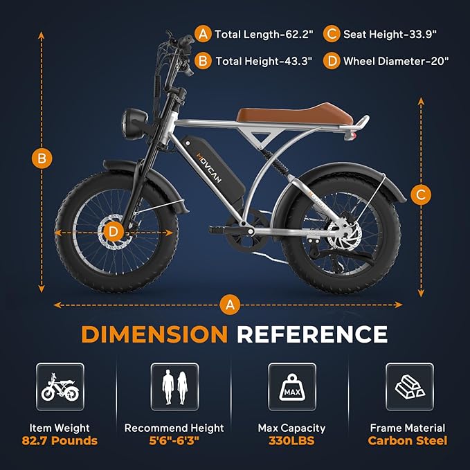Movcan V60/V60 Pro Electric Bike, 48V 15.6/18.2Ah Removable Battery 20” Fat Tire Electric Bike, 1000/1500W Motor 30/33MPH Top Speed Electric Motorcycle, for Commute/Offroad/School/Rain/Snow Riding.