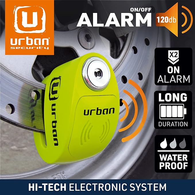 URBAN UR906X Hi-Tech Alarm Disc Lock 120 dB ON/Off, Replaceable Module, High-end Waterproof, Longlife Battery, Reminder Cable, Universal Motorbikes, Bicycles, Ebikes, Motorcycle Lock Anti Theft