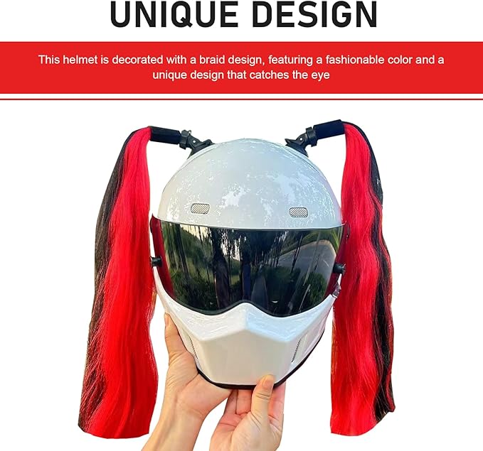 2 PCS Helmet Pigtails, Fun Pigtail Decorations for Helmet with Suction Cup, Detachable Fake Hair Decor, Universal for Motorcycle Bike Helmets (Black & Red)