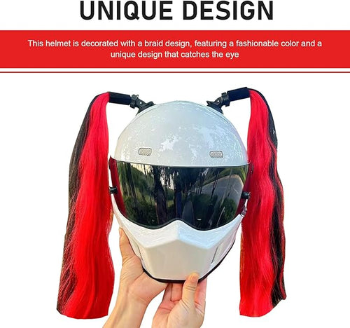 2 PCS Helmet Pigtails, Fun Pigtail Decorations for Helmet with Suction Cup, Detachable Fake Hair Decor, Universal for Motorcycle Bike Helmets (Black & Red)