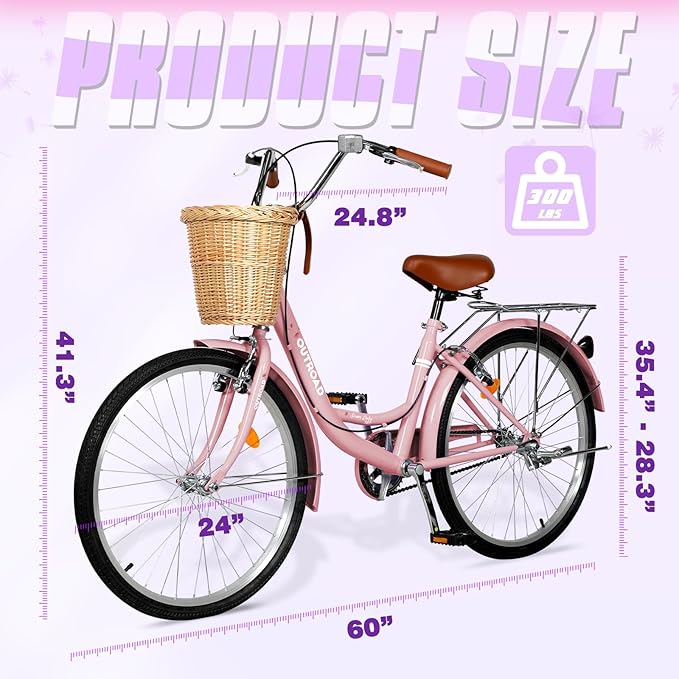 Betterland Beach Cruiser Bike for Women, 24/26 inch Hybrid Bike with Adjustable Seat, Womens Bike with Front Basket and Dual V-Brake, Step Through Comfort Bicycle for City Commuter