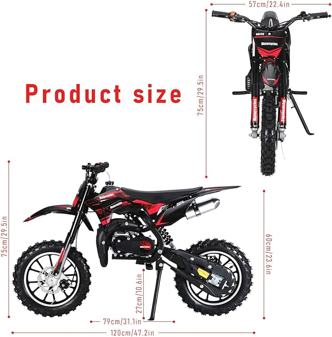 cdar Kids Dirt Bike, 49cc Gas Dirt Bike for Teens - 25MPH 2-Stroke Pit Bike with Hydraulic Disc Brakes & 10" Off-Road Tires Ages 13+ Max180lb Load Christmas for Boys Girl Red