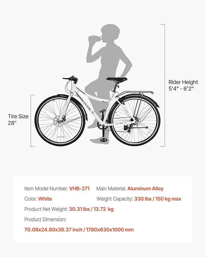 VEVOR Hybrid Bike, Lightweight Aluminum Frame Bike, 700c Wheel Men Women Hybrid Bicycle, Step-Over/Step-Through Adult Urban City Commuter Bikes, with 7/24 Speed, Alloy Adjustable Stem and Seat