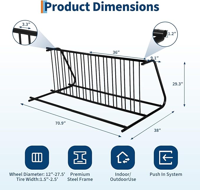 Double Side 12 Bike Floor Rack 71 Inch Length Freestanding Bicycle Parking Stand In Ground Grid Design for Garages Streets Yards and Bike Events Heavy Duty Storage 71" x 38" x 29.3"