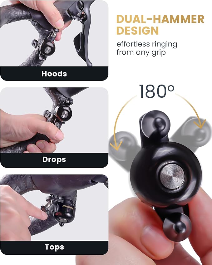 RAVEMEN Q3 Road Bike Bell, Dual-Hammer Copper Alloy Bicycle Bell for Adults Fit Handlebars up to 47mm, Lightweight for Most Grip Positions, Easy Installation