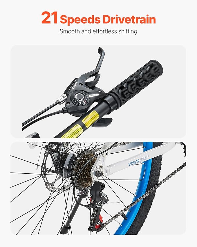VEVOR Mountain Bike for Men/Women, 20"/26"/29" Sizes, 7/21/24 Speed Twist Shifting, Front or Dual Suspension, Dual Disc Brakes, Comfort Saddle, Sleek Colors