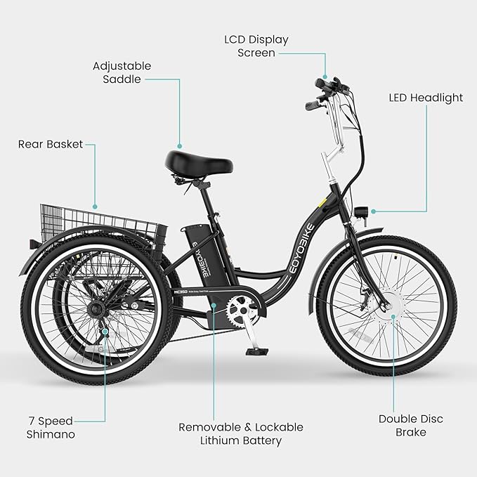 Electric Tricycle for Adults Seniors, 24/26 Inch 3 Wheel E-Trike, 350W Motor (700W Peak), Removable 36V Battery, Up to 15.5MPH, 25-60Mile Range, Low Step-Through, Rear Basket, 350lbs Capacity, 7 Speed