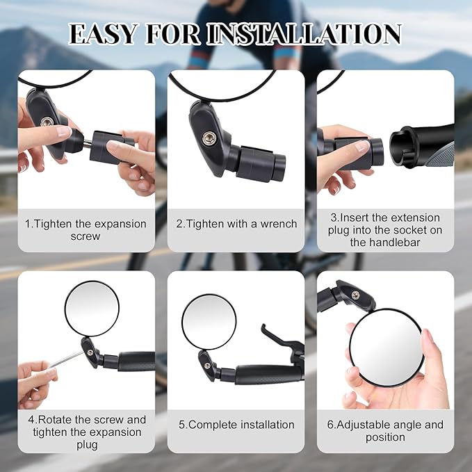 2PCS Bike Mirror, 360° Adjustable Bar End Bicycle Mirror with 2PCS Reflective Bands for Safe Cycling, Handlebar Mount Rearview Mirror with Allen Wrench for Mountain Road E-Bike