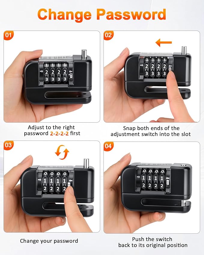 Motorcycle Locks Anti Theft, 4 Digit Combination Motorcycle Wheel Lock, Disc Brake Lock with 5FT Reminder Cable for E-Bikes, Motorcycles, Scooters & Mountain Bikes, Anti-Picking & Anti-Cut Design
