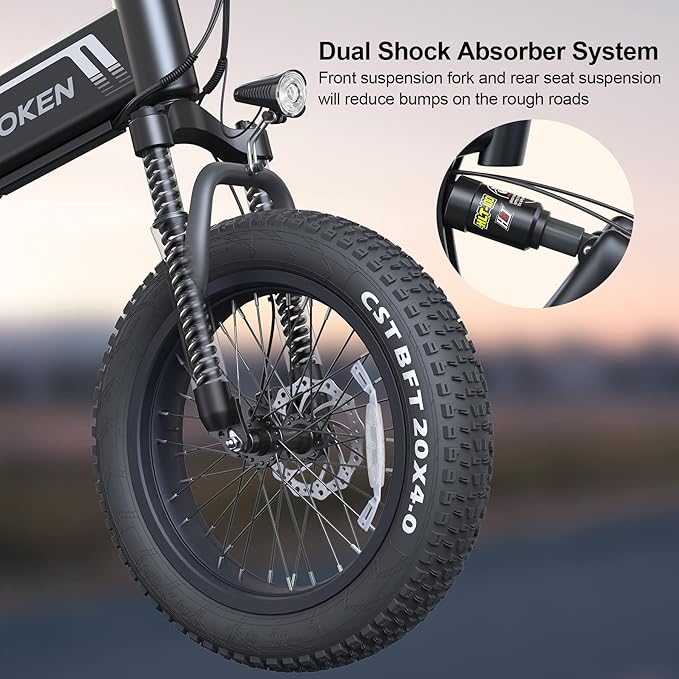 Wooken Electric Bike, 20''X4.0 Fat Tire Electric Bike for Adults,500W(Peak 750W) Foldable Electric Bike with 48V 10Ah Battery,Professional 7 Speed,Shock Absorber, 20MPH Ebike for Mountain Beach Snow