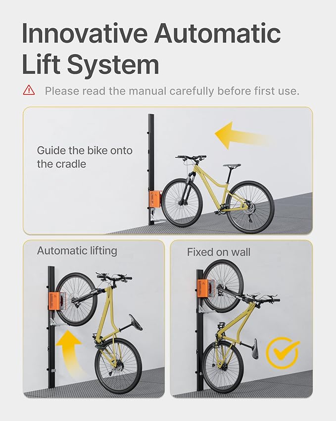 monTEK Automatic Lift Bike Rack – Fits 24-29" Tires, Heavy-Duty Vertical Wall Rack for Bicycles (Up to 71 lbs) - Effortless Lifting, Easy Install - Space-Saving Storage for Garage, Shed, BO