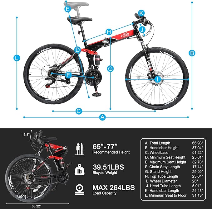 24/26/27.5 Inch Foldable Bikes for Adults 21 Speed Mountain Bike, Adult Bicycle with High Carbon Steel Frame, Full Suspension, Dual Disc Brake & Adjustable Ergonomic Seat(Black/Red)
