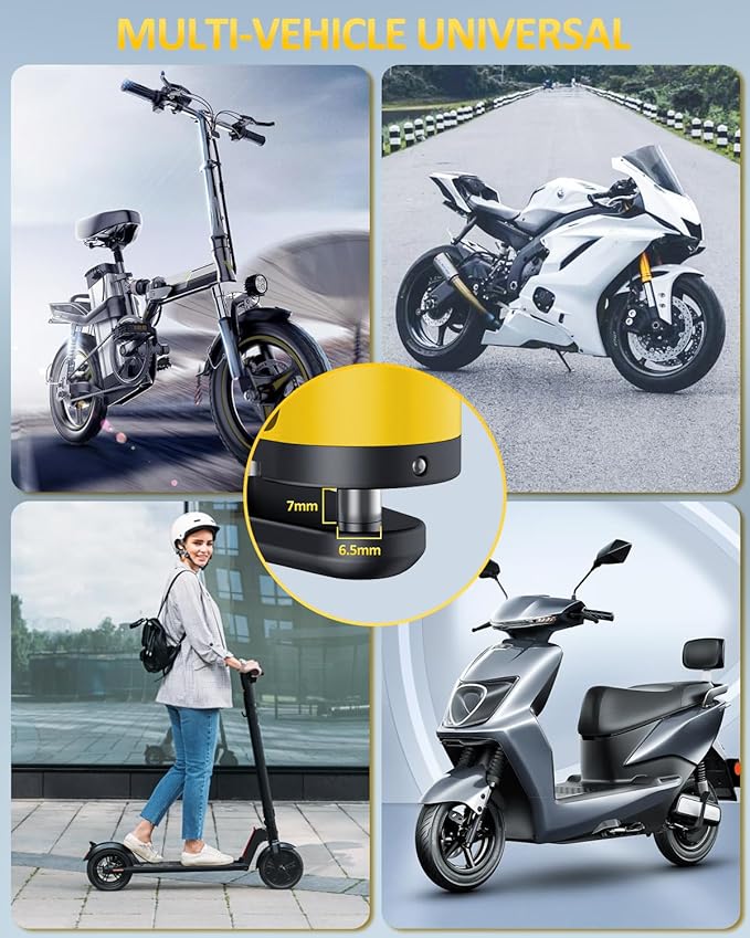 ONVIAN Rechargeable Motorcycle Lock with 120db Alarm and 6FT Steel Reminder Cable, for 7mm Pin Motorcycles Bicycles Ebike Scooter Moped(Yellow)
