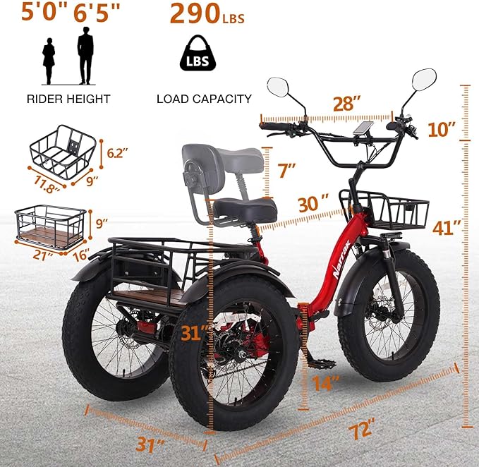 Electric Tricycle for Adults,Fat Tire Folding Electric Trike,3 Wheels Electric Bicycle Bikes, Peak 1350W Step-Thru Etrike with Removable Battery and Large Basket for Women Men