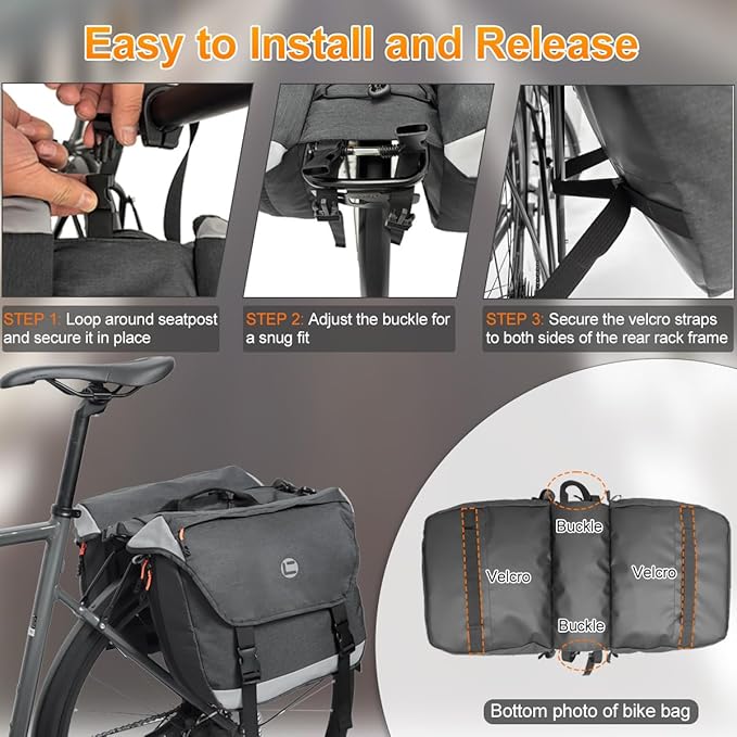 Bike Panniers for Rear Rack, 25L-35L Expandable Double Bicycle Saddle Bag, Water-Resistant Cycling Luggage Pack with Secure Drawstrings & Reflective Trims for Ebike Commuter Grocery Travel