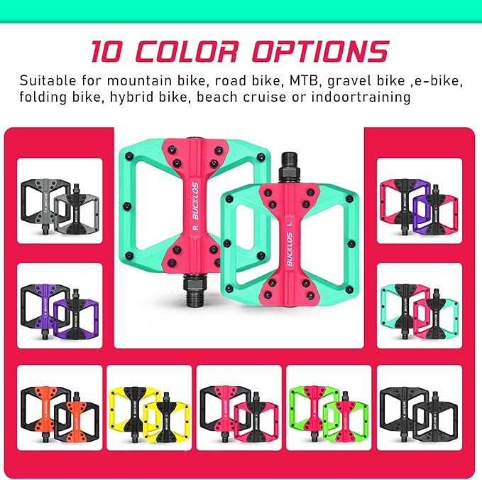 BUCKLOS MTB Flat Pedals Mountain Bike Pedals, 3 Bearings CNC Adult Road Bike Pedals, Bicycle Platform Aluminum Alloy Non-Slip Pedal for Gravel Bike/BMX 9/16"(Black)