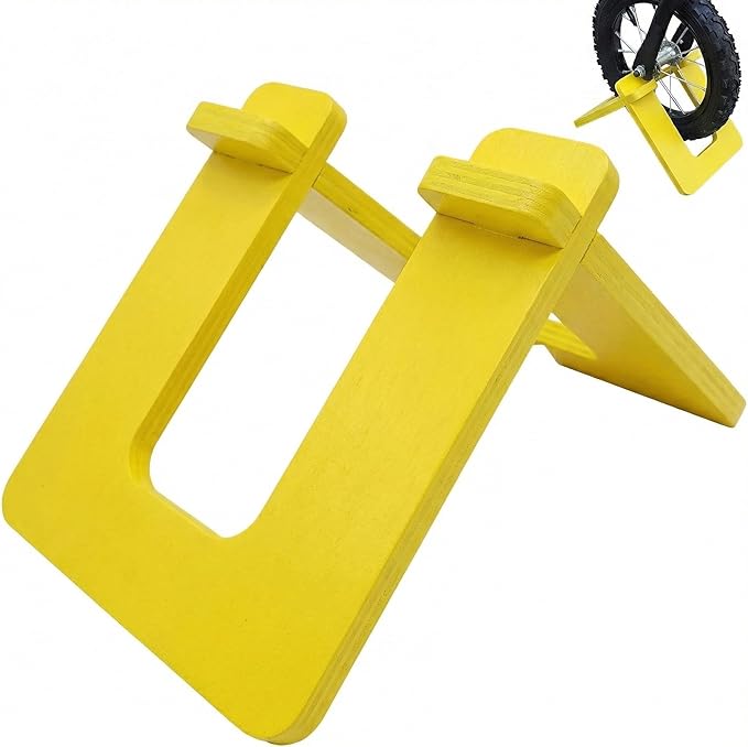 Wooden Balance Bike Stand for Kids – Floor Display Rack for Toddler Balance Bikes – Portable Bicycle Holder Stand for Home and Garage Storage (Yellow)