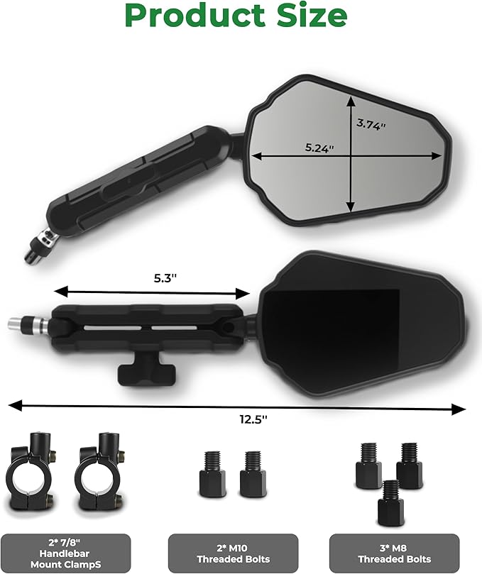 Adventure Motorcycle Mirrors, VOUTRAK Universal Convex Rear View Mirror, M8 M10 Bolt & 7/8" Handlebar Mount, Foldable, Ball Joint, 360° Adjustable, Anti-Vibration for Dirt Bike, ATV, Scooter, Ebike
