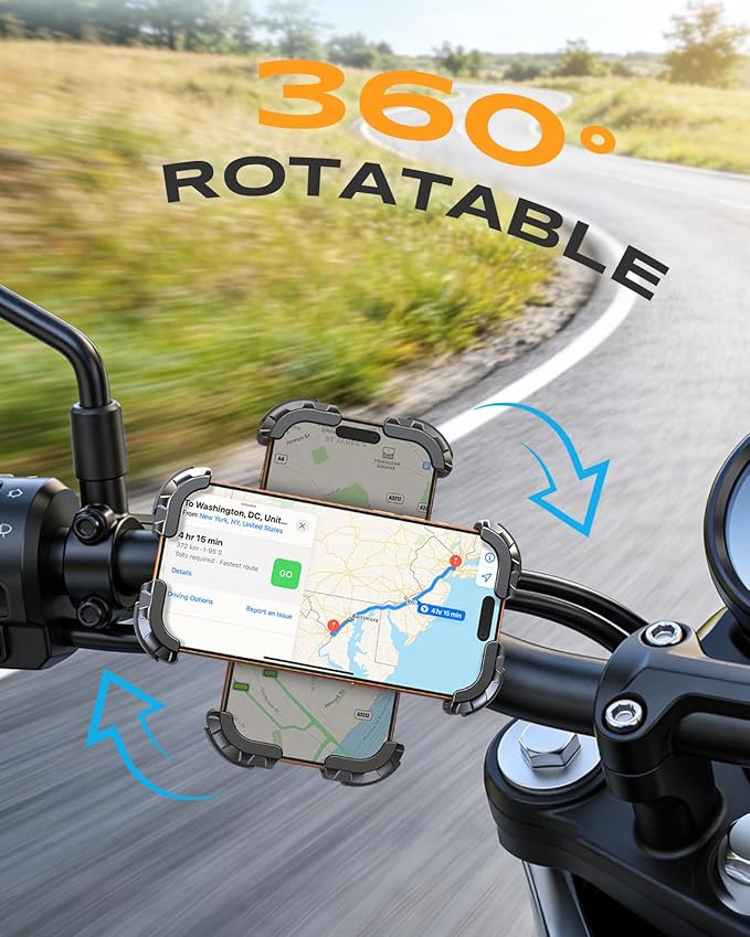 Motorcycle Phone Mount [Secure Grip][Anti-Drop], Upgrade Bike Phone Holder [1s Stable Lock], 360° Rotatable Phone Holder for Mountain Bike/ATV, Fits for iPhone/Samsung 4.7-6.8", Clamp Mount