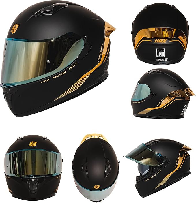 HAX Obsidian Full Face Dual Visor Adult Motorcycle Helmet for Motorbike Street Bike with Pinlock Ready DOT Approved Matte Black Gold M