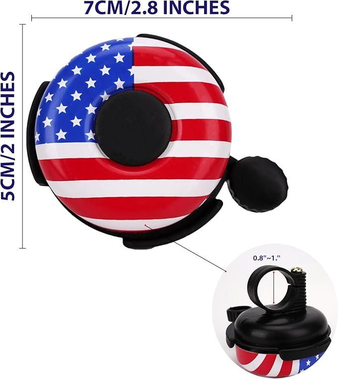 Kids Bike Bell, Bicycle Bell with American Flag Design for Boys and Girls, Metal Dome Handlebar Bell for Toddler Bikes, BMX, Cruiser and Scooter