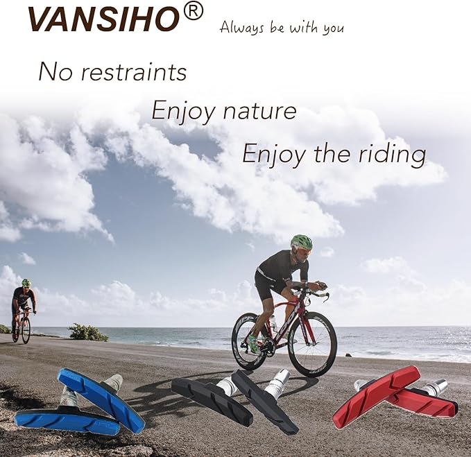 VANSIHO V-Brake Pads Set, 2 Pair Road Bike Brake Shoes with Hex Nut and Shims for Mountain Bicycle Front and Back Wheel, No Noise, No Skid, for Road Use
