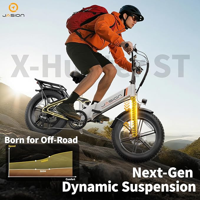 Jasion X-Hunter ST/PRO Foldable Electric Bike for Adults with 20'' Fat Tire,Up to 71-80 Miles Range Ebike,1800W/1400W Peak Motor,30+MPH E Bike,Full Suspension&Dual Hydraulic Disc Brakes Bicycles