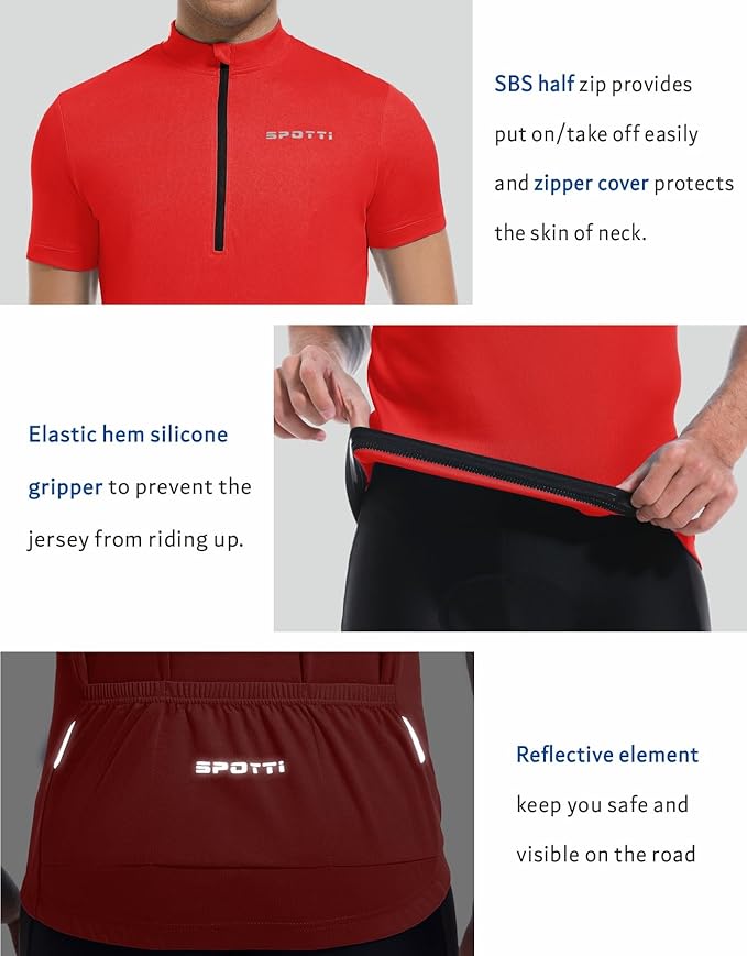 Spotti Men's Cycling Bike Jersey Short Sleeve with 3 Rear Pockets- Moisture Wicking, Breathable, Quick Dry Biking Shirt