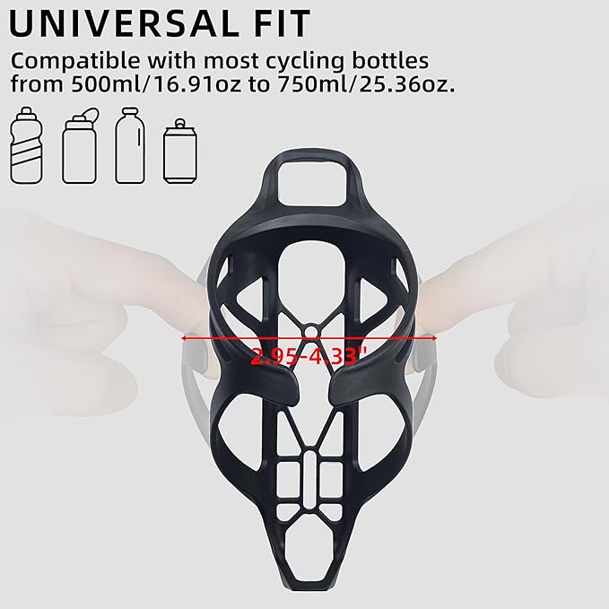Mixed Bike Water Bottle Cage, Carbon Fiber Reinforced Lightweight Holder with Screws & Tool, Fits Down Tube & Seat Tube, Universal for Road, MTB & Gravel Bikes (Matte Black)