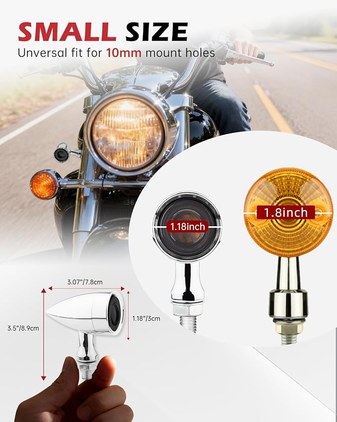 Motorcycle LED Turn Signals Front Blinkers with Running Light, Universal Bullet Indicator Lamps for Cruiser Chopper Street Bike Bobber (Chrome-White and Amber Light)