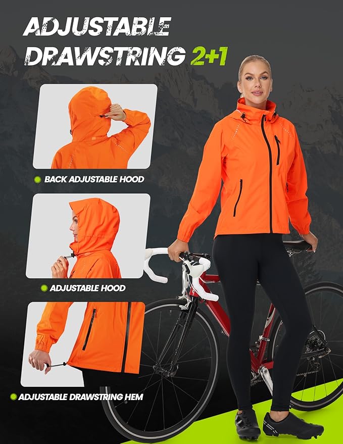 Nepest Womens Cycling Rain Jackets Lightweight Waterproof Biking Running Windbreaker UPF 50+ Reflective Packable Hooded