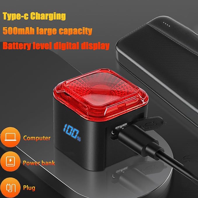 【2025 Upgraded Version】 Smart Bike Tail Light with Digital Battery Display, 6 Modes Auto Bike Brake Rear Light, Auto Sleep & Motion Activation, IPX6 Waterproof,USB-C Rechargeable LED Warning Light
