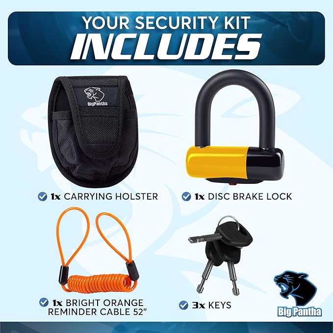 Anti Theft Motorcycle Disc Lock - Heavy Duty Bike Lock with Reminder Cable & Carry Pouch - Universal Fit Disc Brake Lock for Motorbikes, Scooters, and Mopeds (Yellow)