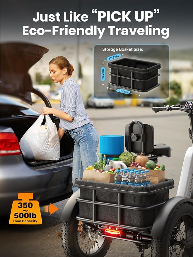 Electric Trike for Adult with 48V 17.4AH Cells Battery, 60 Miles Range, 960W Peak Motor, Pickup Class 500 LB Load Electric Tricycle with 20" Fat Tire and Large Basket for City and Mountain Road, Husky