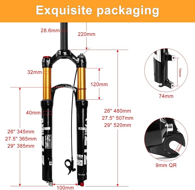 ZTZ 26/27.5/29 inch MTB Air Suspension Fork,120mm Travel, Rebound Adjustment,1 1/8 Straight Tube, QR 9mm*100mm, Manual/Remote Lockout, Ultralight Front Fork for XC/AM Mountain Bike