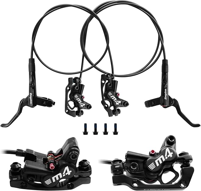 ZTZ 4-Piston Mountain Bike Hydraulic Brake Set, Front 850mm and Rear 1600mm Hydraulic Disc Brake Kit with PM/is Adapter, Fits for eBike, MTB and BMX (Right Front+Left Rear)