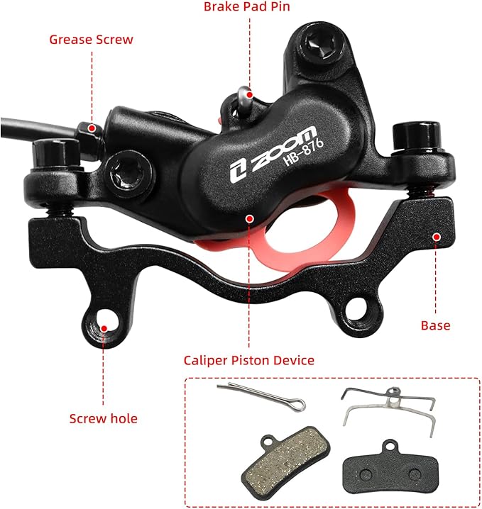 Z00M HB876 4-Pistons Hydraulic Disc Brake Set, MTB Hydraulic Brakes Right Rear 1450mm Mountain Bike Brakes Bicycle Disc Brake for eBike, Mountain Bike, Road Bike, Fat Bike(Pre-Bled)