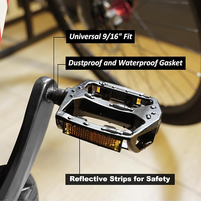 Bike Pedals – 9/16" Platform Pedals with Reflectors for Mountain, Road, BMX, and Ebike