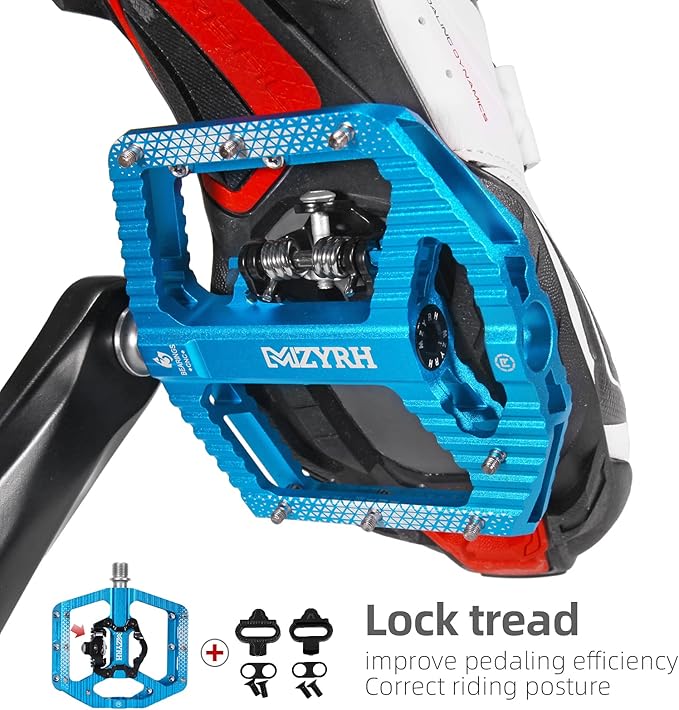 MZYRH MTB Mountain Bike Pedals 3 Bearing Flat Platform Compatible with SPD,Dual Function Sealed Clipless Aluminum 9/16" Pedals with Cleats for Road