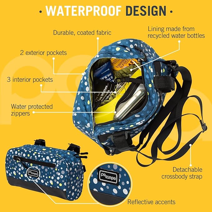 Po Campo Domino Handlebar Bag Large Waterproof Bicycle Storage Bag Front Mount that converts to Crossbody (Black Ripstop)