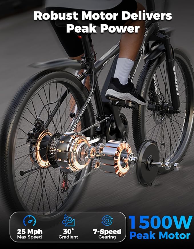 Electric Bike for Adults, 1500W Peak Mountain Ebike with 25 MPH, 65 Miles Range, 7 Speeds, 48V 10Ah Removable Battery 26" Ebike for Commute